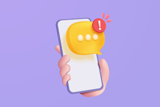 3D Speech Bubbles Symbol On Mobile Phone With Alert Notice. Comment Or User Reply Sign False, Correct, Problem, Fail Chat Message On Social Media. 3d Bubble Icon Vector With Shadow Render Illustration