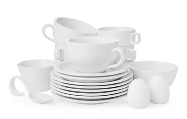Set of clean dishware isolated on white