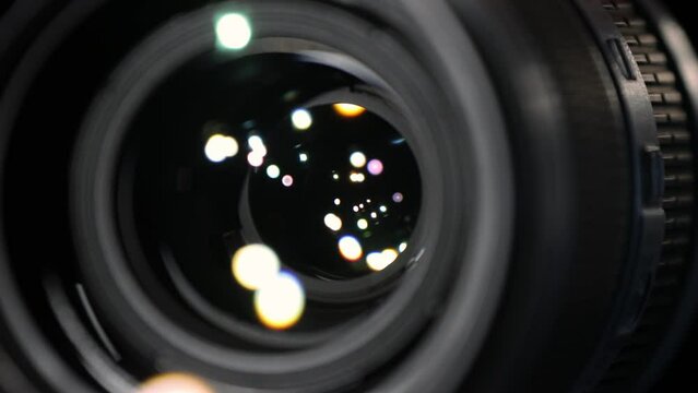 Macro Shooting of Aperture Blades. Camera Lens with Flares on Optical Glass