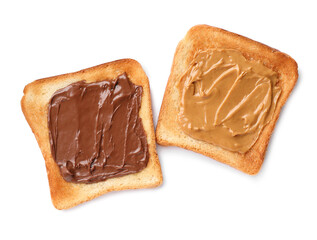 Tasty toasts with nut butter and chocolate paste on white background, top view