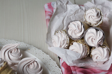 Homemade marshmallows in waffle cones. Homemade zephyr.