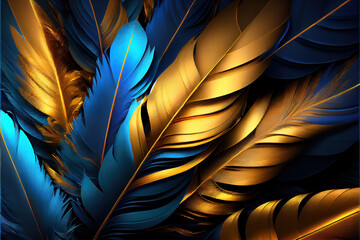 blue and gold colors feathers background as beautiful abstract wallpaper header