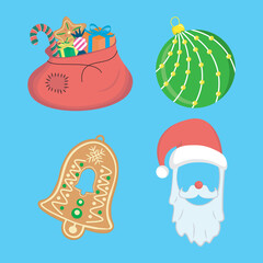 christmas set of vector elements includes santas bag, glass ball, cookie bell and santas mask with hat