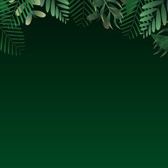 Fototapeta na wymiar Green tropical leaves square frame on dark green gradient background. Vector invitation cards with herbal twigs branches frames. Summer party banner vector illustration. Tropical frame concept.