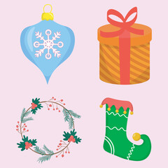 christmas set of vector elements includes glass toy,gift box, wreath and goblin boot