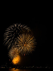 Fototapeta premium Firework on Black Dark Sky Background,Celebrate Party Merry Christmas and Happy New Year Festival,Light Bright Bokeh Gold Abstract Burst Fire Anniversary Birthday Holidays Wallpaper,Colorful Night.