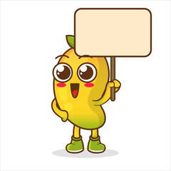 Mango Fruit cartoon mascot character holding a board sign message