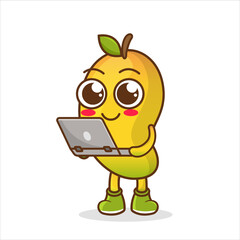 vector illustration of cute mango fruit business or character holding laptop. cute mango fruit Concept White Isolated.