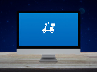 Motorcycle flat icon on desktop modern computer monitor screen on wooden table over fantasy night sky and moon, Business delivery service online concept