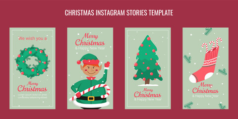 Set of Christmas templates for instagram stories Christmas tree elf sock with lollipops and wreath decorated with toys