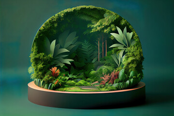 diorama of a beautiful green lush jungle forest, trees, ferns, rich foliage
