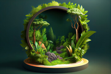 diorama of a beautiful green lush jungle forest, trees, ferns, rich foliage