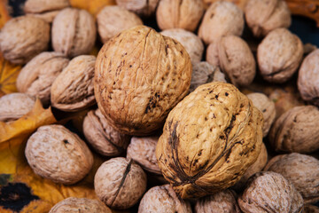 walnuts are scattered on the table