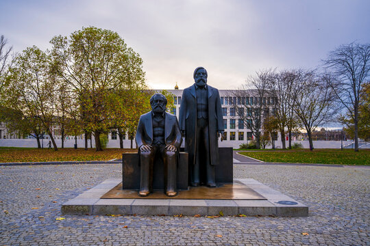 Berlin, Germany - November 07, 2022 : Marx-Engels-Forum is a public park in the central Mitte district of Berlin.