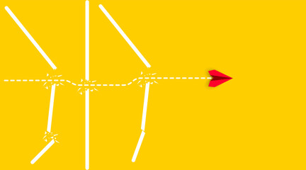 The red plane is flying towards success, overcoming obstacles.Overcoming obstacles idea concept.