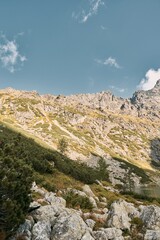 Beautiful panorama view from Mountain. Rocky peak of the mountains.