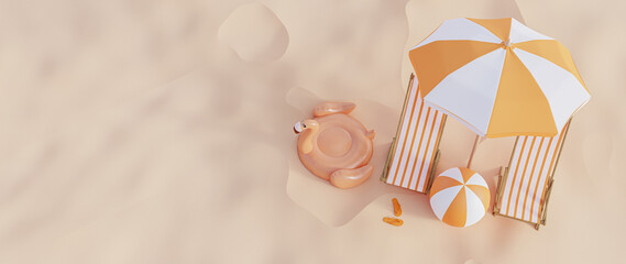 3D Render. Top view of beach in summer holidays concept
