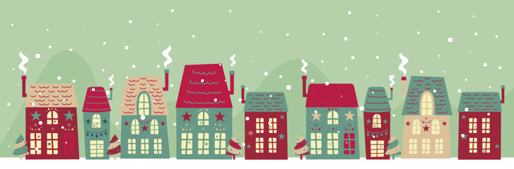 Naklejka premium Christmas trees, snow and houses banner - Happy New Year