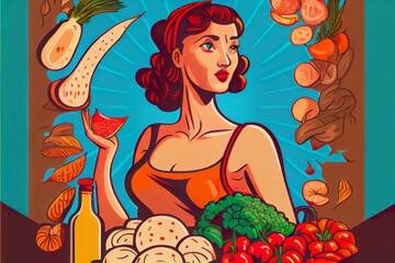 woman with fresh vegetables, fruits, background pattern, illustration with organism plant