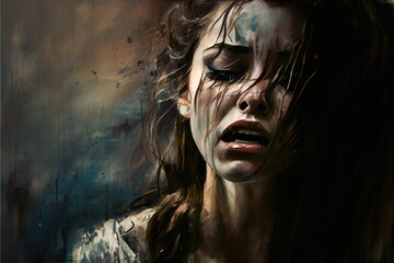 woman in eal distress, a person with a painted face, illustration with flash photography