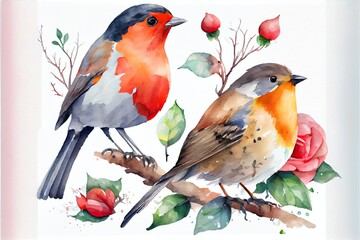 watercolor and birds isolated on, a couple of birds on a branch, illustration with bird beak