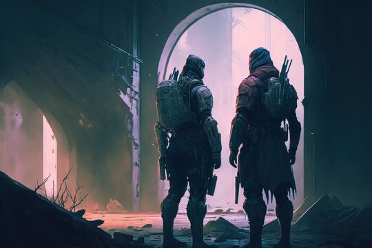  future soldiers doing a mission in apocalyptic world. sci-fi. concept art. 