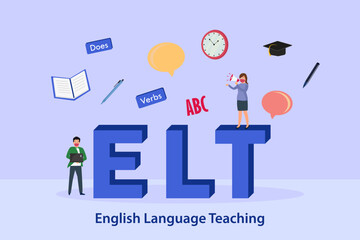 Teacher stands on the english language teaching word