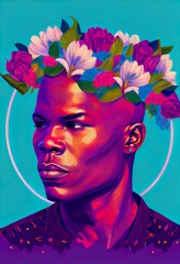 illustration of stylish african american, a person with flowers on the head, illustration with colorfulness art