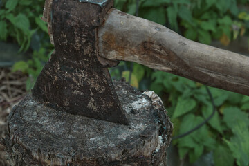 Old rusty axe with wooden handle stuck in the stump Large ax in hand