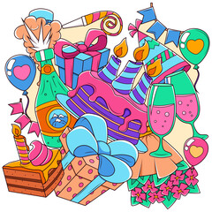 Cute design elements on the theme of birthdays, and parties. Festive background. Vector illustration for greeting card, poster