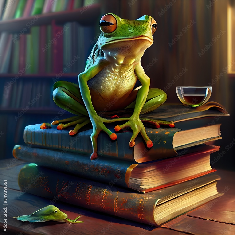 Wall mural stunning illustration of green frog, a frog sitting on a book, illustration with frog green