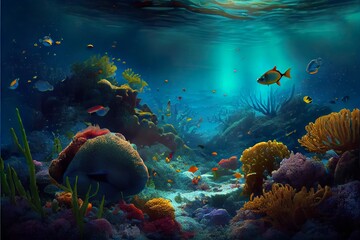 Naklejka na ściany i meble stunning landscape and underwater sea, a school of fish in the ocean, illustration with water vertebrate