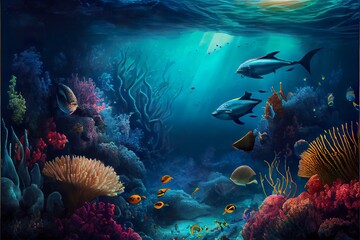 stunning landscape and underwater sea, a school of fish in the ocean, illustration with water vertebrate