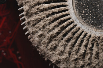 Extremely dirty ventilation system with dusty clogged filter, macro. close-up
