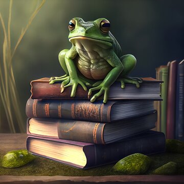 stunning illustration of green frog, a frog sitting on a stack of books, illustration with plant nature