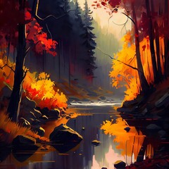 river in the autumn forest, a river with trees on both sides, illustration with water world
