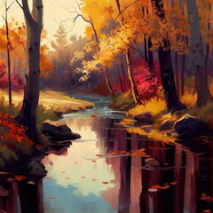 river in the autumn forest, a stream with trees around it, illustration with water natural