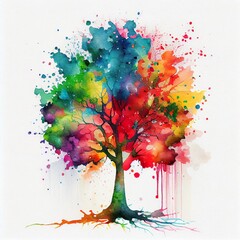 color tree on white, watercolor, a vase with colorful flowers, illustration with art paint