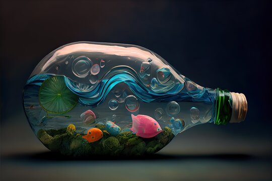 recycling plastic bottle, a blue and green fish, illustration with art electric