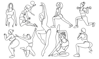 Yoga, Fitness Female Pose One Line Drawing Set. Woman Sport Pose Minimalist Drawing. Fitness Line Art Modern Minimal Drawing. Trendy Illustration Continuous Line Art. Sport Minimal Logo. Vector EPS 10
