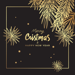 Luxury golden Christmas template for social media. Gold christmas tree, pine branches, firework, glitter, frame, lettering on black background