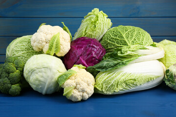 Many different fresh cabbages on blue wooden table
