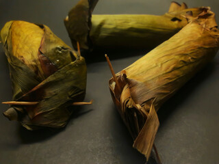 Indonesian traditional food lontong wrapped banana leaves