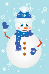 Cheerful snowman waving. vector graphics