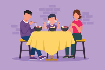 Cartoon flat style drawing father mother and little son character eating noodle at dining room. Happy family having dinner with delicious ramen. Tasty Japanese food. Graphic design vector illustration