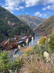 village in the mountains
blue sky 
blue 
mountain 
riverside 
river 
japanese maple 
maple 
autumn 
fall
tree 
green 
wood 