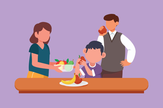 Graphic flat design drawing healthy food for kids and family concept. Happy father mother and little son characters eating and preparing healthy smoothie in kitchen. Cartoon style vector illustration