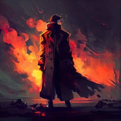mysterious man in a trench, a man in a garment, illustration with red heat