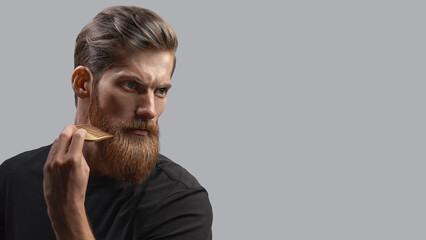 Bearded man with hair beard brush. Serious Brutal Bearded man isolated on grey background. Concept banner background with copy space.