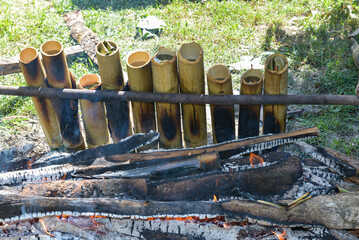 Rice cooked in a large bamboo